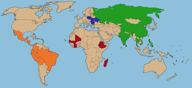 Mapa del món on apareixen de colors els països on es pot adoptar des de Catalunya / ELABORACIÓ PRÒPIA 